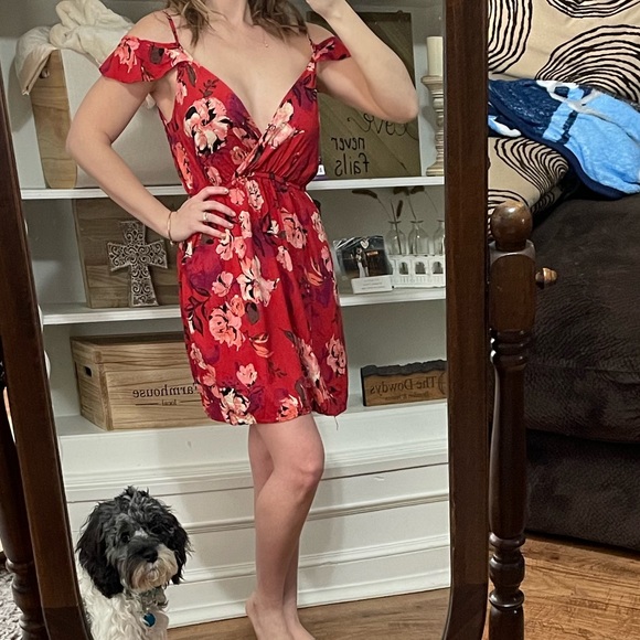 Charlotte Russe Red Floral off Shoulder MIDI Dress With POCKETS!! - Picture 2 of 16